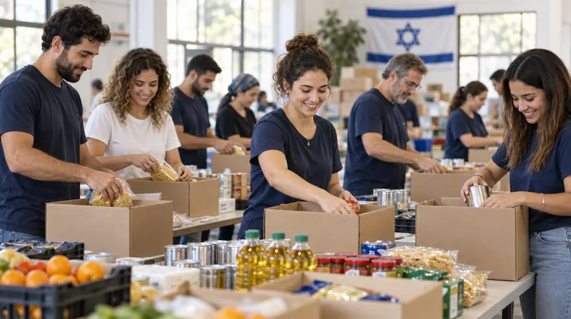 מתנדבים אורזים חבילות מזון באולם של עמותה קהילתית
